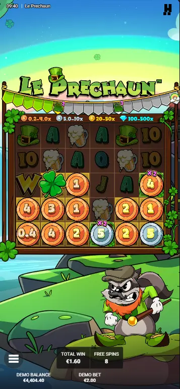 Clover the Top bonus with persistent Golden Squares remaining after Rainbow activation in Le Prechaun