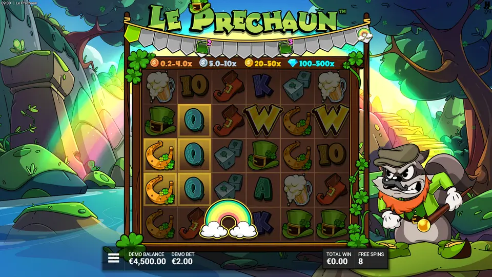 Clover the Top Bonus mit persistenten Goldenen Feldern und aktiviertem Rainbow in Le Prechaun